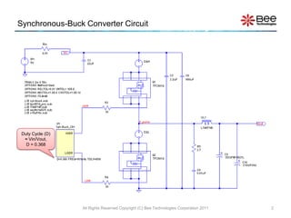 Synchronous-Buck Converter Circuit




 Duty Cycle (D)
  ≈ Vin/Vout,
   D = 0.368




                  All Rights Reserved Copyright (C) Bee Technologies Corporation 2011   2
 