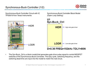 Synchronous-Buck Controller (1/2)

Synchronous-Buck Controller Circuit with IC                  Synchronous-Buck Controller Block Model
TPS5618 from Texas Instruments                               (Open Loop Setting)




                             HIDR
                                                                                               High side gate driver




                                                                                               Low side gate driver
                             LODR



•   The Syn-Buck_Ctrl is a block model that generates gate drive pulse signal to control MOSFET
    switches of the Synchronous-Buck Converter. The duty cycle, switching frequency, and the
    switching dead-time are input into the model to match the real circuit.


                         All Rights Reserved Copyright (C) Bee Technologies Corporation 2011                           7
 