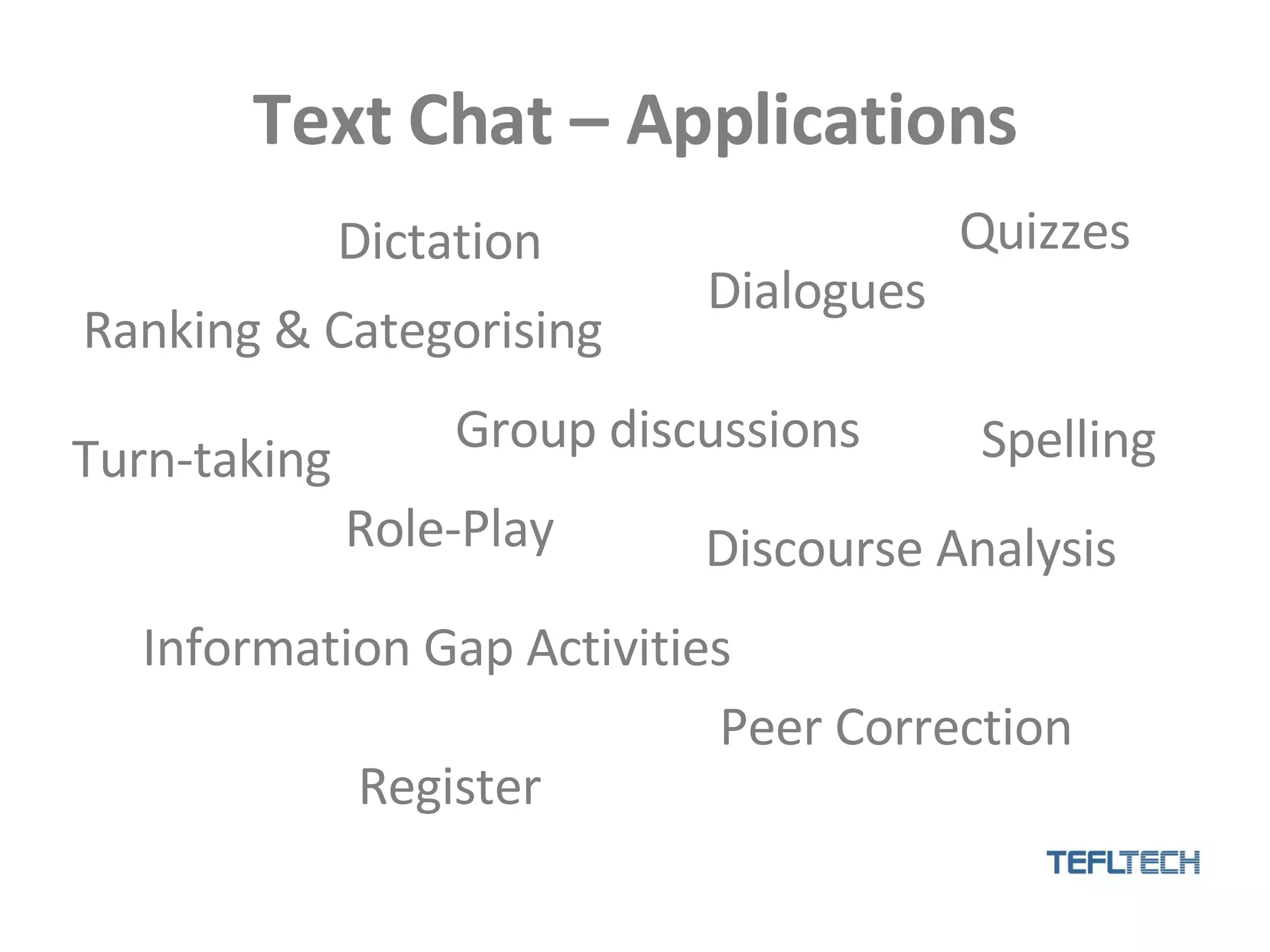 Text Chat – Applications Ranking & Categorising Discourse Analysis Register Group discussions Dictation Turn-taking Role-Play Dialogues Spelling Information Gap Activities Peer Correction Quizzes 
