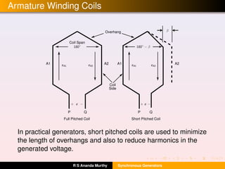 Armature Winding Coils
P Q P Q
Full Pitched Coil Short Pitched Coil
A1 A2 A1 A2
Overhang
Coil Span
Coil
Side
In practical generators, short pitched coils are used to minimize
the length of overhangs and also to reduce harmonics in the
generated voltage.
R S Ananda Murthy Synchronous Generators
 