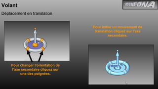 Volant Déplacement en translation Pour initier un mouvement de translation cliquez sur l’axe secondaire. Pour changer l’orientation de l’axe secondaire cliquez sur une des poignées. 