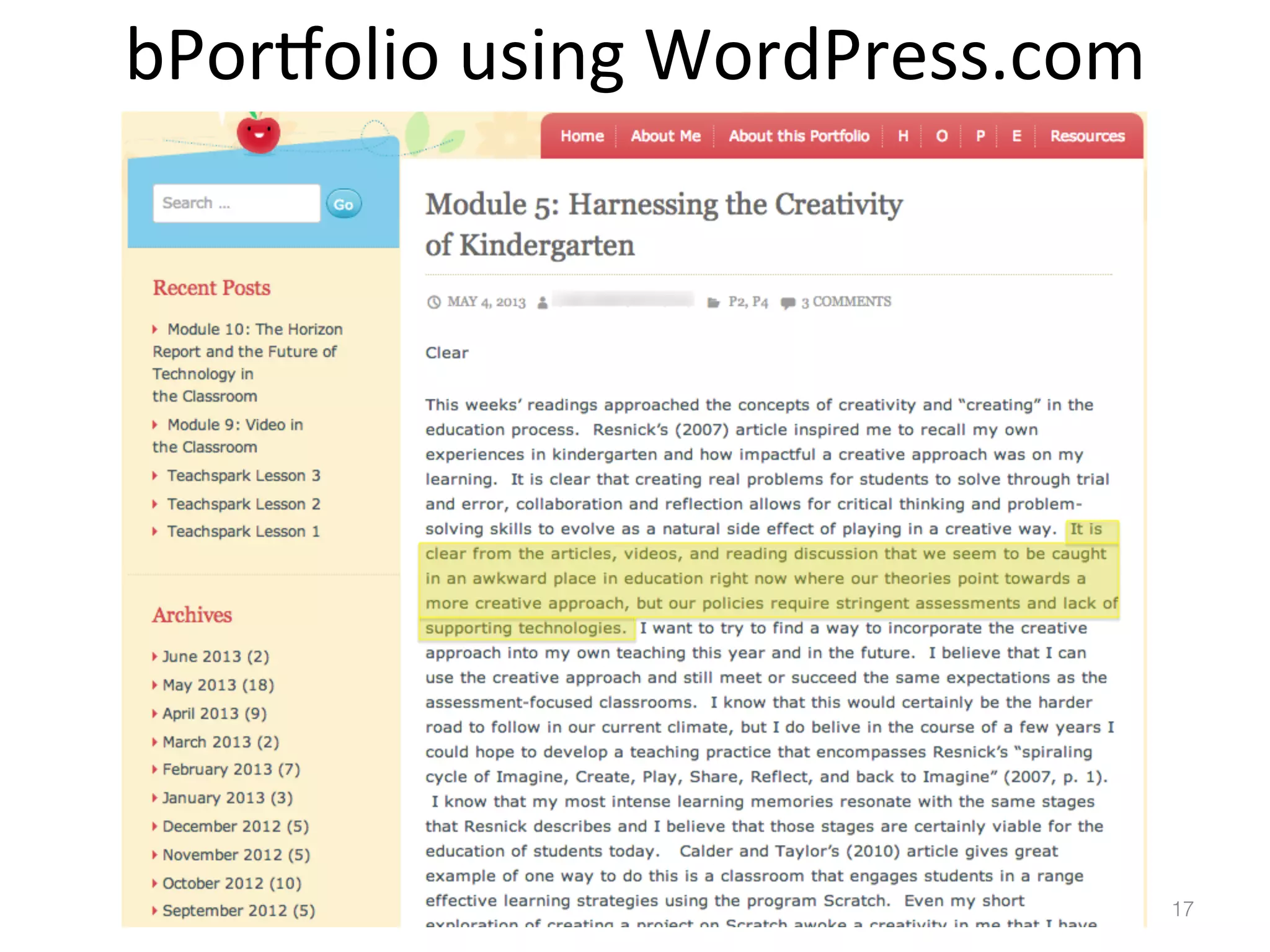 bPor`olio	
  using	
  WordPress.com	
  

17!

 
