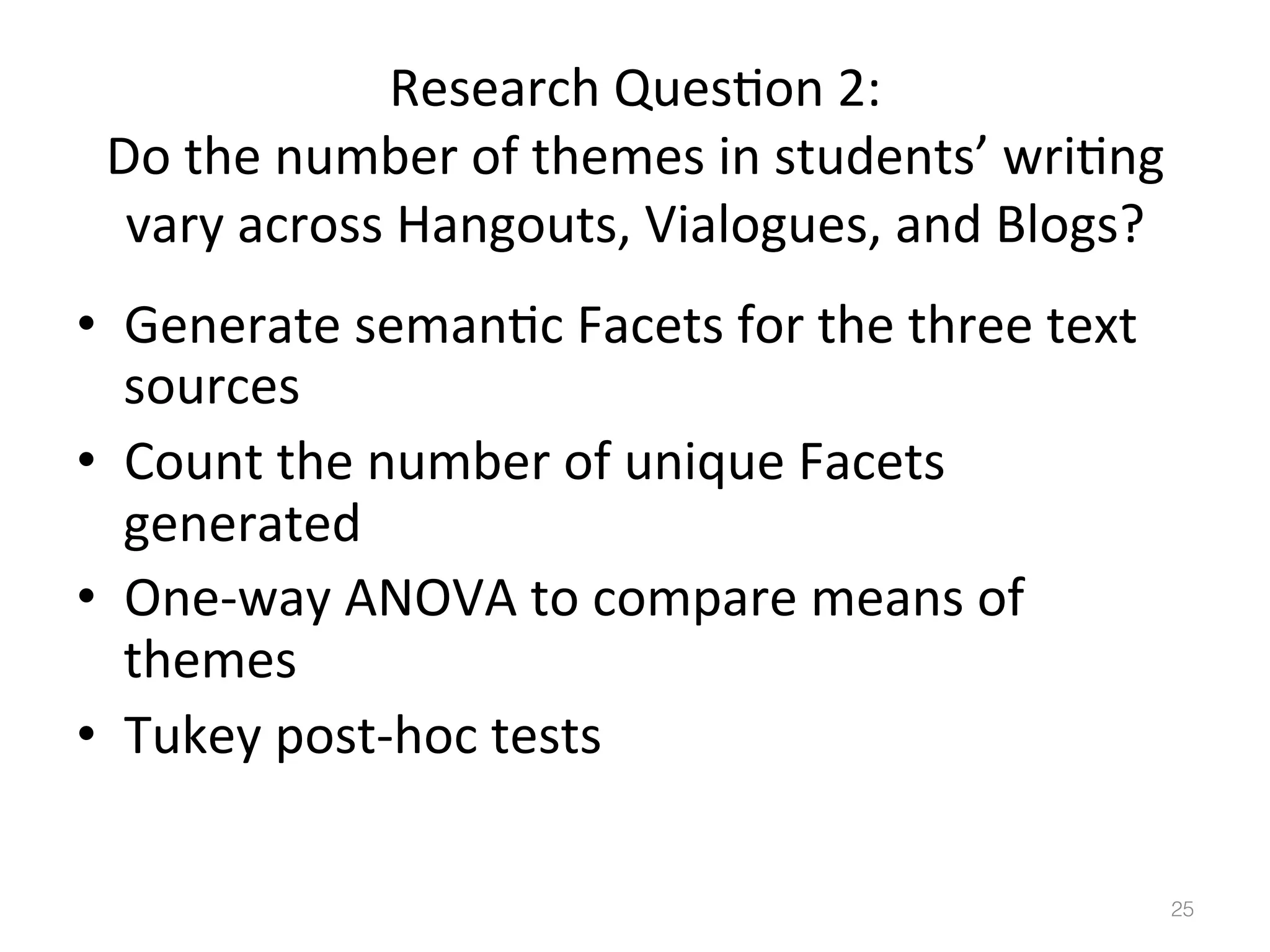 Research	
  Ques)on	
  2:	
  	
  
Do	
  the	
  number	
  of	
  themes	
  in	
  students’	
  wri)ng	
  
vary	
  across	
  Hangouts,	
  Vialogues,	
  and	
  Blogs?	
  	
  
•  Generate	
  seman)c	
  Facets	
  for	
  the	
  three	
  text	
  
sources	
  
•  Count	
  the	
  number	
  of	
  unique	
  Facets	
  
generated	
  
•  One-­‐way	
  ANOVA	
  to	
  compare	
  means	
  of	
  
themes	
  
•  Tukey	
  post-­‐hoc	
  tests	
  
25!

 