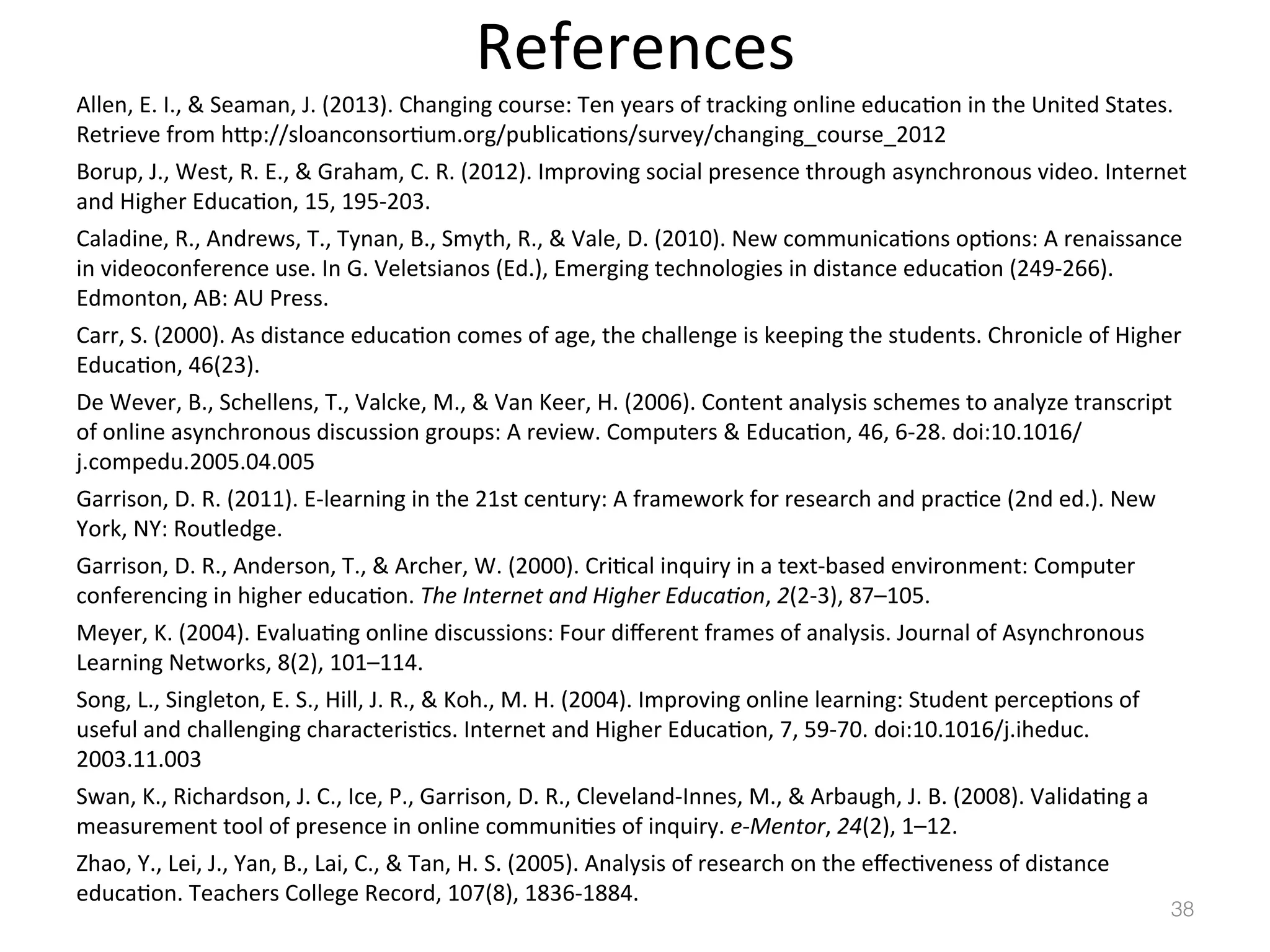 References	
  
Allen,	
  E.	
  I.,	
  &	
  Seaman,	
  J.	
  (2013).	
  Changing	
  course:	
  Ten	
  years	
  of	
  tracking	
  online	
  educa)on	
  in	
  the	
  United	
  States.	
  
Retrieve	
  from	
  hbp://sloanconsor)um.org/publica)ons/survey/changing_course_2012	
  
Borup,	
  J.,	
  West,	
  R.	
  E.,	
  &	
  Graham,	
  C.	
  R.	
  (2012).	
  Improving	
  social	
  presence	
  through	
  asynchronous	
  video.	
  Internet	
  
and	
  Higher	
  Educa)on,	
  15,	
  195-­‐203.	
  
Caladine,	
  R.,	
  Andrews,	
  T.,	
  Tynan,	
  B.,	
  Smyth,	
  R.,	
  &	
  Vale,	
  D.	
  (2010).	
  New	
  communica)ons	
  op)ons:	
  A	
  renaissance	
  
in	
  videoconference	
  use.	
  In	
  G.	
  Veletsianos	
  (Ed.),	
  Emerging	
  technologies	
  in	
  distance	
  educa)on	
  (249-­‐266).	
  
Edmonton,	
  AB:	
  AU	
  Press.	
  
Carr,	
  S.	
  (2000).	
  As	
  distance	
  educa)on	
  comes	
  of	
  age,	
  the	
  challenge	
  is	
  keeping	
  the	
  students.	
  Chronicle	
  of	
  Higher	
  
Educa)on,	
  46(23).	
  
De	
  Wever,	
  B.,	
  Schellens,	
  T.,	
  Valcke,	
  M.,	
  &	
  Van	
  Keer,	
  H.	
  (2006).	
  Content	
  analysis	
  schemes	
  to	
  analyze	
  transcript	
  
of	
  online	
  asynchronous	
  discussion	
  groups:	
  A	
  review.	
  Computers	
  &	
  Educa)on,	
  46,	
  6-­‐28.	
  doi:10.1016/
j.compedu.2005.04.005	
  
Garrison,	
  D.	
  R.	
  (2011).	
  E-­‐learning	
  in	
  the	
  21st	
  century:	
  A	
  framework	
  for	
  research	
  and	
  prac)ce	
  (2nd	
  ed.).	
  New	
  
York,	
  NY:	
  Routledge.	
  
Garrison,	
  D.	
  R.,	
  Anderson,	
  T.,	
  &	
  Archer,	
  W.	
  (2000).	
  Cri)cal	
  inquiry	
  in	
  a	
  text-­‐based	
  environment:	
  Computer	
  
conferencing	
  in	
  higher	
  educa)on.	
  The	
  Internet	
  and	
  Higher	
  EducaBon,	
  2(2-­‐3),	
  87–105.	
  
Meyer,	
  K.	
  (2004).	
  Evalua)ng	
  online	
  discussions:	
  Four	
  diﬀerent	
  frames	
  of	
  analysis.	
  Journal	
  of	
  Asynchronous	
  
Learning	
  Networks,	
  8(2),	
  101–114.	
  
Song,	
  L.,	
  Singleton,	
  E.	
  S.,	
  Hill,	
  J.	
  R.,	
  &	
  Koh.,	
  M.	
  H.	
  (2004).	
  Improving	
  online	
  learning:	
  Student	
  percep)ons	
  of	
  
useful	
  and	
  challenging	
  characteris)cs.	
  Internet	
  and	
  Higher	
  Educa)on,	
  7,	
  59-­‐70.	
  doi:10.1016/j.iheduc.
2003.11.003	
  	
  
Swan,	
  K.,	
  Richardson,	
  J.	
  C.,	
  Ice,	
  P.,	
  Garrison,	
  D.	
  R.,	
  Cleveland-­‐Innes,	
  M.,	
  &	
  Arbaugh,	
  J.	
  B.	
  (2008).	
  Valida)ng	
  a	
  
measurement	
  tool	
  of	
  presence	
  in	
  online	
  communi)es	
  of	
  inquiry.	
  e-­‐Mentor,	
  24(2),	
  1–12.	
  
Zhao,	
  Y.,	
  Lei,	
  J.,	
  Yan,	
  B.,	
  Lai,	
  C.,	
  &	
  Tan,	
  H.	
  S.	
  (2005).	
  Analysis	
  of	
  research	
  on	
  the	
  eﬀec)veness	
  of	
  distance	
  
educa)on.	
  Teachers	
  College	
  Record,	
  107(8),	
  1836-­‐1884.	
  

38!

 