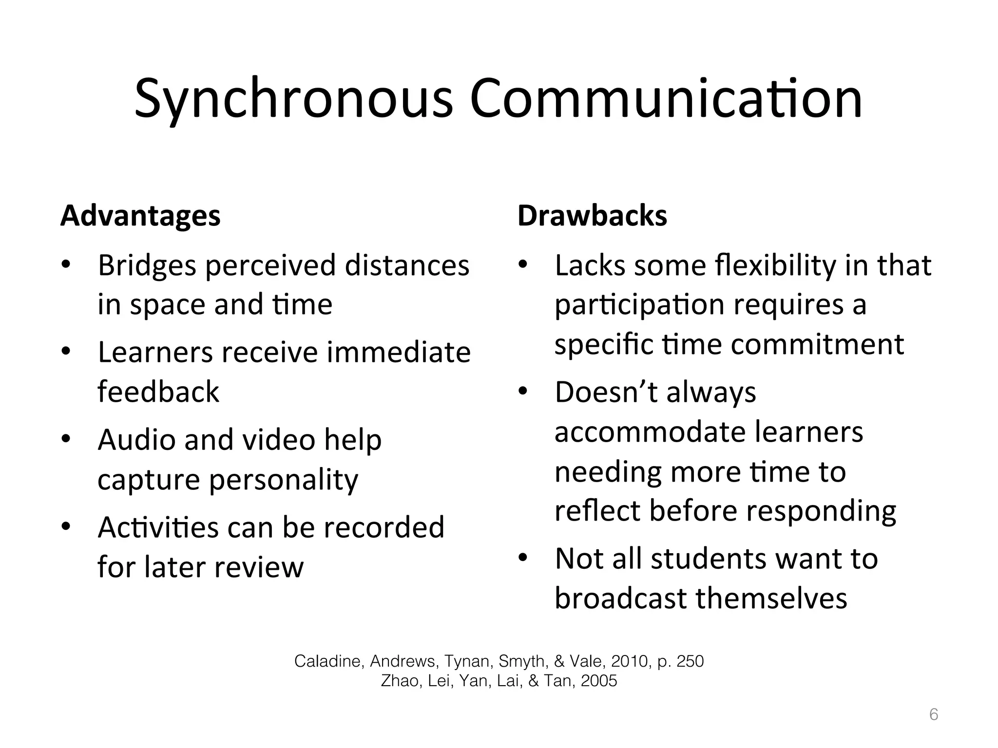 Synchronous	
  Communica)on	
  
Advantages	
  

Drawbacks	
  

•  Bridges	
  perceived	
  distances	
  
in	
  space	
  and	
  )me	
  
•  Learners	
  receive	
  immediate	
  
feedback	
  
•  Audio	
  and	
  video	
  help	
  
capture	
  personality	
  
•  Ac)vi)es	
  can	
  be	
  recorded	
  
for	
  later	
  review	
  

•  Lacks	
  some	
  ﬂexibility	
  in	
  that	
  
par)cipa)on	
  requires	
  a	
  
speciﬁc	
  )me	
  commitment	
  
•  Doesn’t	
  always	
  
accommodate	
  learners	
  
needing	
  more	
  )me	
  to	
  
reﬂect	
  before	
  responding	
  
•  Not	
  all	
  students	
  want	
  to	
  
broadcast	
  themselves	
  

Caladine, Andrews, Tynan, Smyth, & Vale, 2010, p. 250!
Zhao, Lei, Yan, Lai, & Tan, 2005!
6!

 