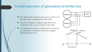 Parallel operation of generators of similar size
 The slope of the frequency-power curve of G1 is of
the same order of magnitude as that of G2.
 The power-frequency diagram right after G2 is
connected to the system is shown to the right.
 As indicated previously, in order for G2 to come in
as a generator, its frequency should be slightly
higher than that of G1.
 