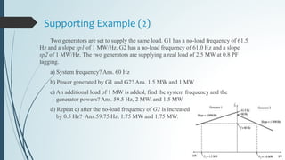 Supporting Example (2)
Two generators are set to supply the same load. G1 has a no-load frequency of 61.5
Hz and a slope sp1 of 1 MW/Hz. G2 has a no-load frequency of 61.0 Hz and a slope
sp2 of 1 MW/Hz. The two generators are supplying a real load of 2.5 MW at 0.8 PF
lagging.
a) System frequency? Ans. 60 Hz
b) Power generated by G1 and G2? Ans. 1.5 MW and 1 MW
c) An additional load of 1 MW is added, find the system frequency and the
generator powers? Ans. 59.5 Hz, 2 MW, and 1.5 MW
d) Repeat c) after the no-load frequency of G2 is increased
by 0.5 Hz? Ans.59.75 Hz, 1.75 MW and 1.75 MW.
 