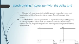 Synchronizing A Generator With the Utility Grid
 When a synchronous generator is added to a power system, that system is so
large that one additional generator does not cause observable changes to the
system.
 An infinite bus is a power system that is so large that its voltage and frequency
do not vary regardless of how much real and reactive power is drawn from or
supplied to it (i.e., the power-frequency and reactive power-voltage characteristics
are horizontal:
 