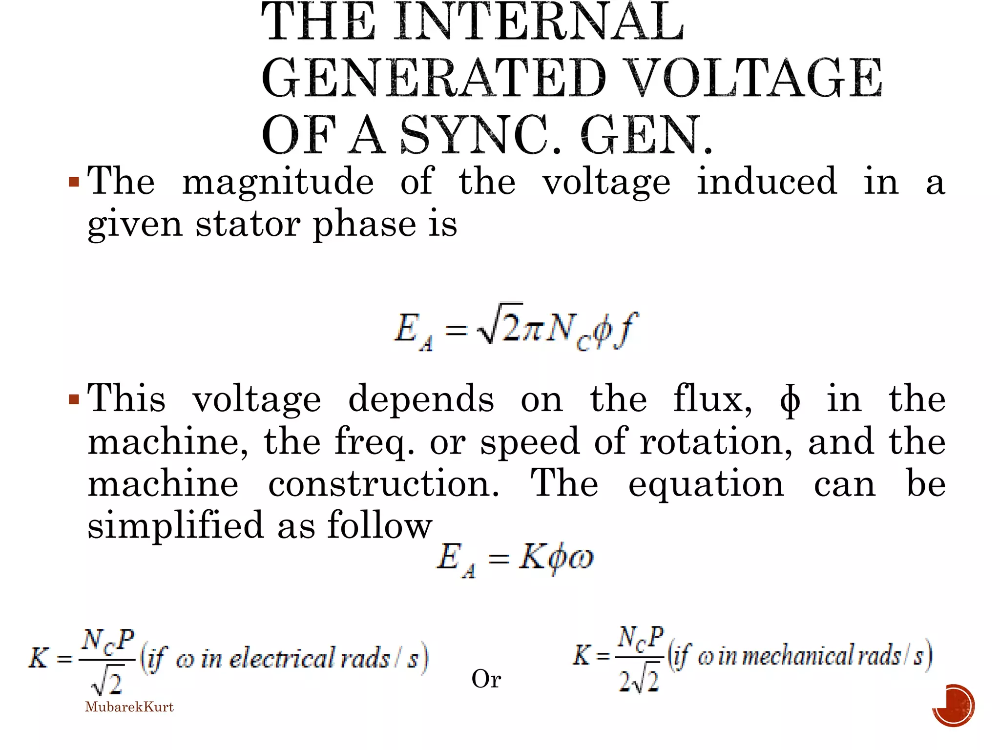 The magnitude of the voltage induced in a
given stator phase is
This voltage depends on the flux, ɸ in the
machine, the freq. or speed of rotation, and the
machine construction. The equation can be
simplified as follow
Or
MubarekKurt
 