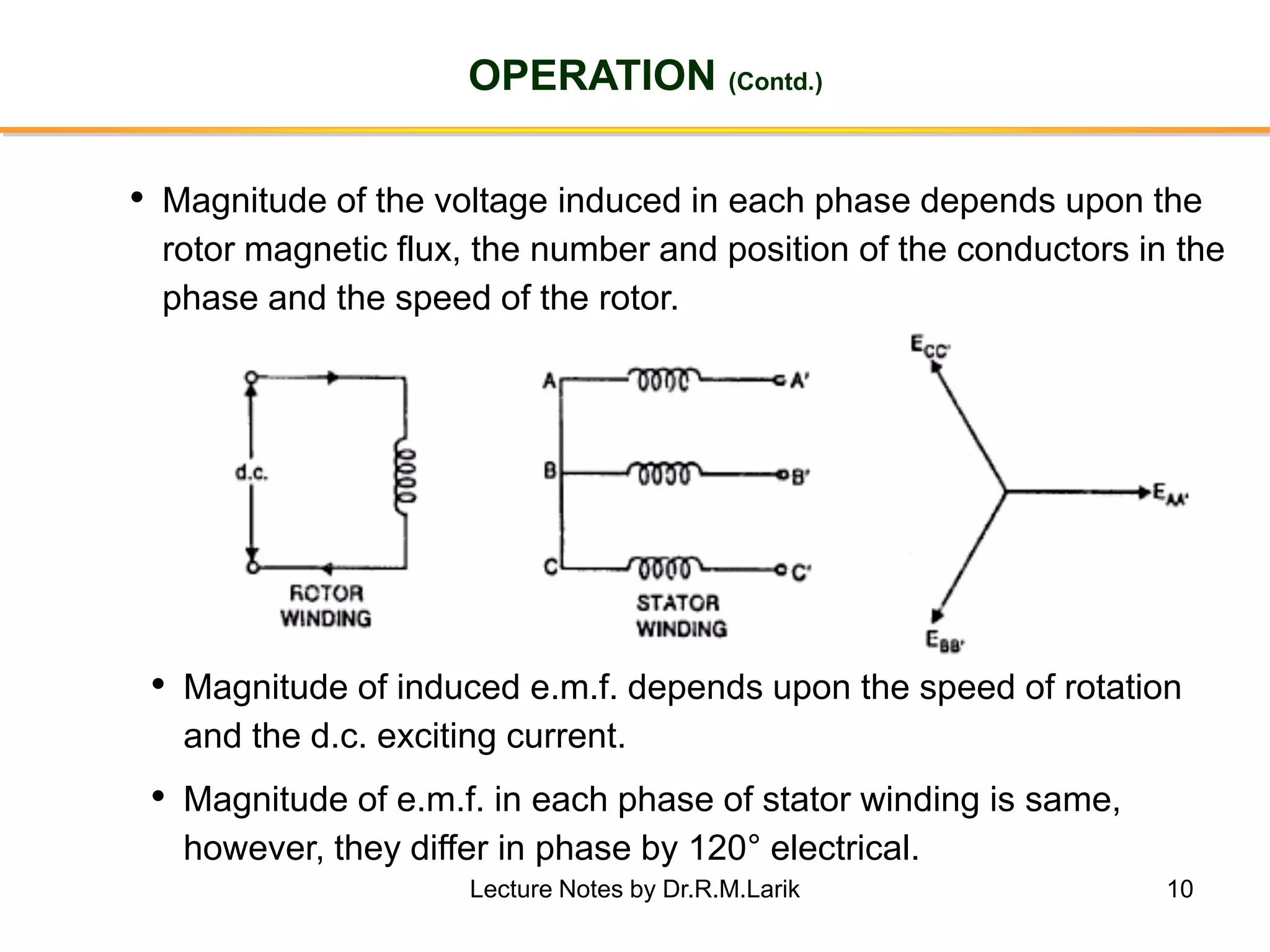 10
OPERATION (Contd.)
• Magnitude of the voltage induced in each phase depends upon the
rotor magnetic flux, the number and position of the conductors in the
phase and the speed of the rotor.
• Magnitude of induced e.m.f. depends upon the speed of rotation
and the d.c. exciting current.
• Magnitude of e.m.f. in each phase of stator winding is same,
however, they differ in phase by 120° electrical.
Lecture Notes by Dr.R.M.Larik
 