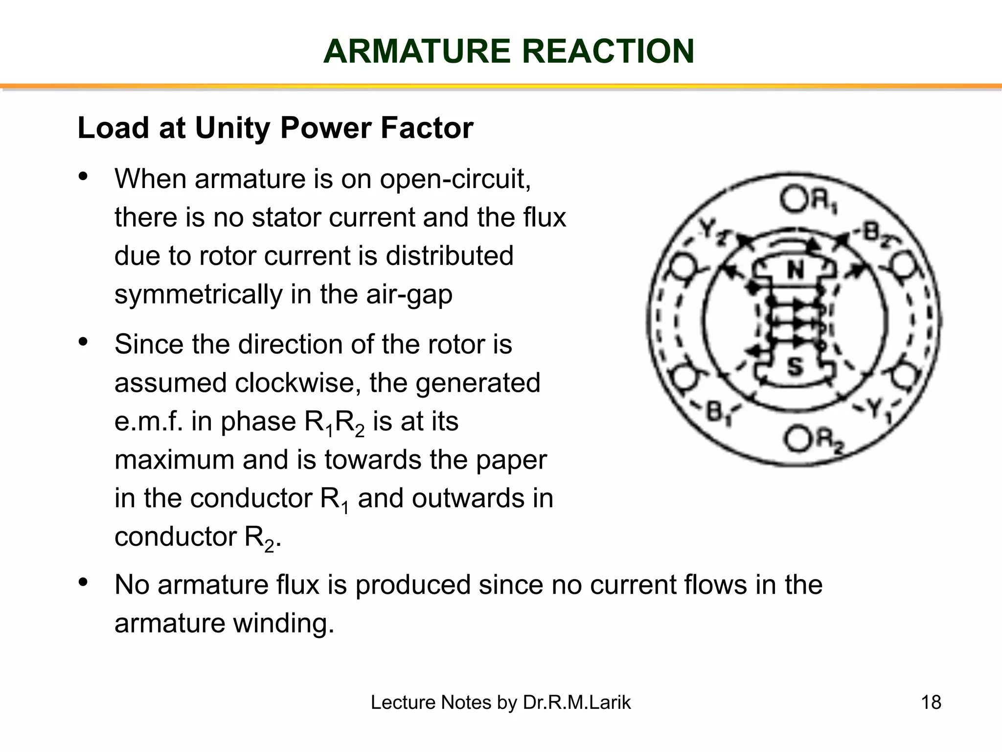18
ARMATURE REACTION
• When armature is on open-circuit,
there is no stator current and the flux
due to rotor current is distributed
symmetrically in the air-gap
• Since the direction of the rotor is
assumed clockwise, the generated
e.m.f. in phase R1R2 is at its
maximum and is towards the paper
in the conductor R1 and outwards in
conductor R2.
Load at Unity Power Factor
• No armature flux is produced since no current flows in the
armature winding.
Lecture Notes by Dr.R.M.Larik
 