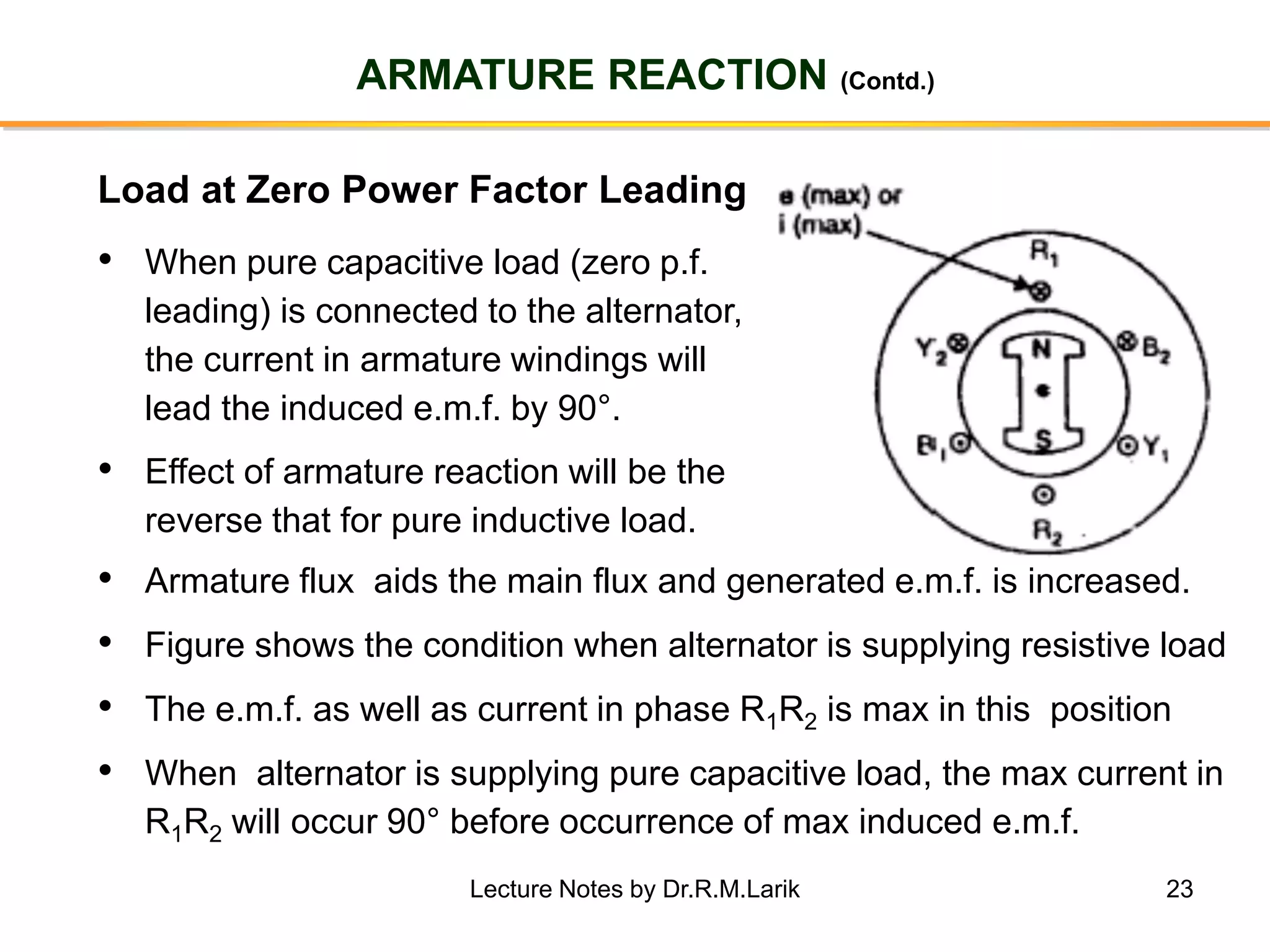 23
ARMATURE REACTION (Contd.)
• When pure capacitive load (zero p.f.
leading) is connected to the alternator,
the current in armature windings will
lead the induced e.m.f. by 90°.
• Effect of armature reaction will be the
reverse that for pure inductive load.
Load at Zero Power Factor Leading
• Armature flux aids the main flux and generated e.m.f. is increased.
• Figure shows the condition when alternator is supplying resistive load
• The e.m.f. as well as current in phase R1R2 is max in this position
• When alternator is supplying pure capacitive load, the max current in
R1R2 will occur 90° before occurrence of max induced e.m.f.
Lecture Notes by Dr.R.M.Larik
 