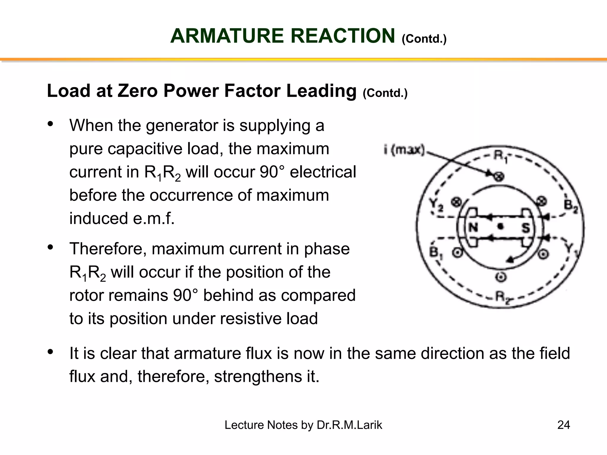 24
ARMATURE REACTION (Contd.)
• When the generator is supplying a
pure capacitive load, the maximum
current in R1R2 will occur 90° electrical
before the occurrence of maximum
induced e.m.f.
• Therefore, maximum current in phase
R1R2 will occur if the position of the
rotor remains 90° behind as compared
to its position under resistive load
Load at Zero Power Factor Leading (Contd.)
• It is clear that armature flux is now in the same direction as the field
flux and, therefore, strengthens it.
Lecture Notes by Dr.R.M.Larik
 