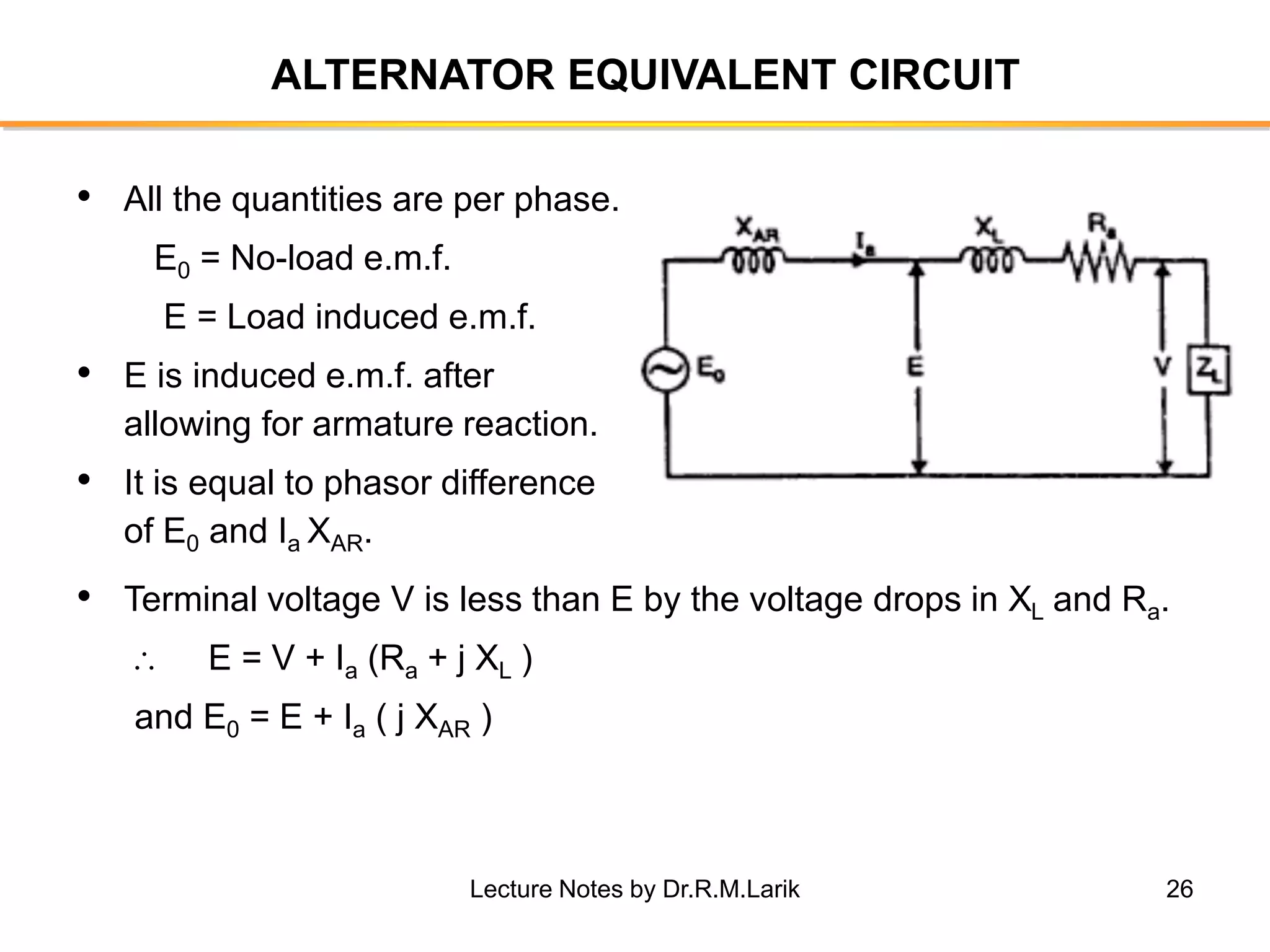 26
ALTERNATOR EQUIVALENT CIRCUIT
• All the quantities are per phase.
E0 = No-load e.m.f.
E = Load induced e.m.f.
• E is induced e.m.f. after
allowing for armature reaction.
• It is equal to phasor difference
of E0 and Ia XAR.
• Terminal voltage V is less than E by the voltage drops in XL and Ra.
 E = V + Ia (Ra + j XL )
and E0 = E + Ia ( j XAR )
Lecture Notes by Dr.R.M.Larik
 