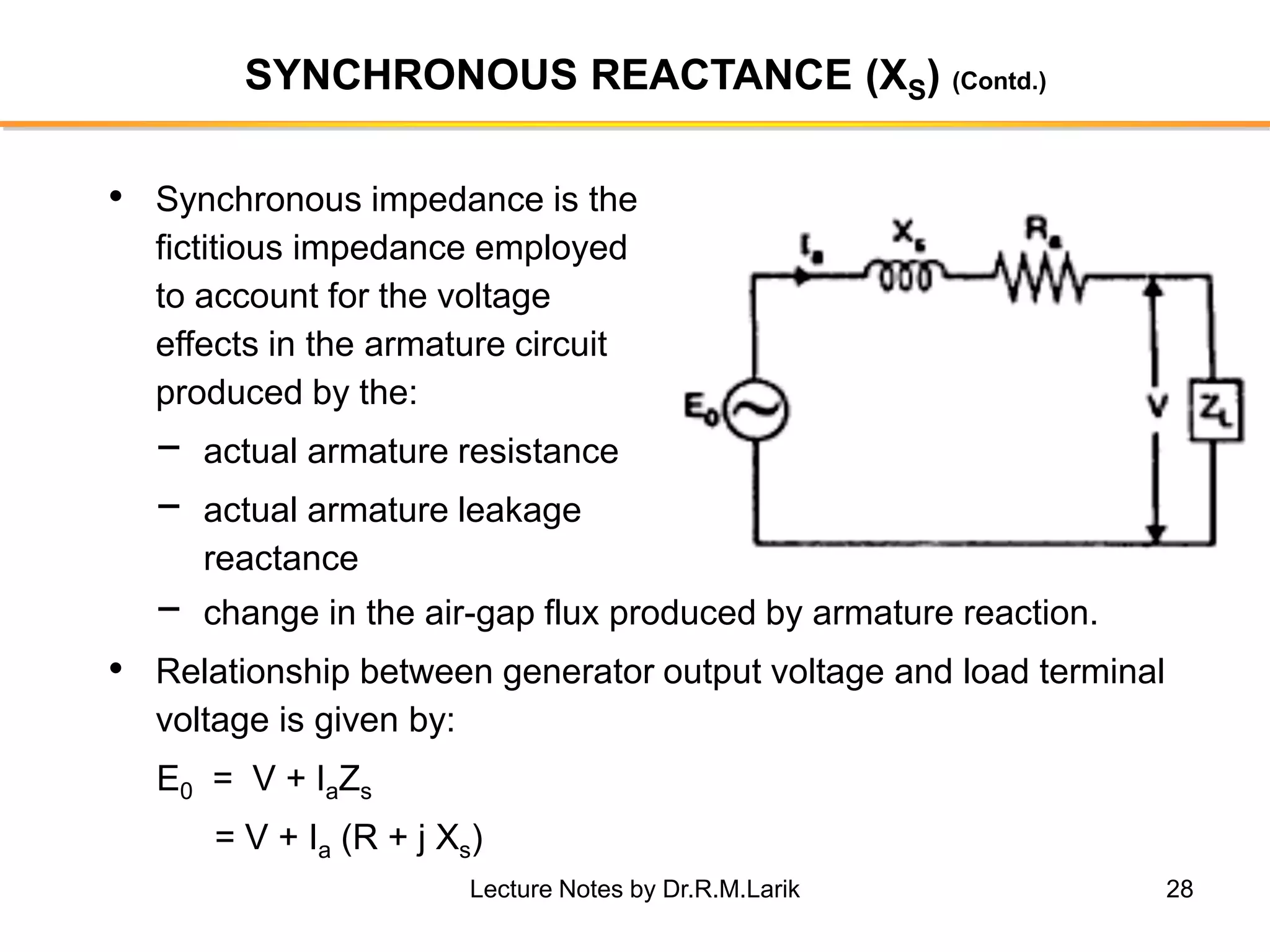 28
SYNCHRONOUS REACTANCE (XS) (Contd.)
• Synchronous impedance is the
fictitious impedance employed
to account for the voltage
effects in the armature circuit
produced by the:
− actual armature resistance
− actual armature leakage
reactance
− change in the air-gap flux produced by armature reaction.
• Relationship between generator output voltage and load terminal
voltage is given by:
E0 = V + IaZs
= V + Ia (R + j Xs)
Lecture Notes by Dr.R.M.Larik
 