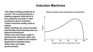 Typical induction-motor speed-torque characteristic.
Induction Machines
•The stator winding excited by ac
current. The current produces a
rotating magnetic field which in
turn produces currents in rotor
conductors due to induction.
•These machines mostly used as
motors.
•Rotor windings are short circuited
(electrically) and frequently have no
external connections.
•Stator and rotor fluxes rotate in
synchronism with each other and
that torque is related to the relative
displacement between them.
•Rotor does not rotate
synchronously
 