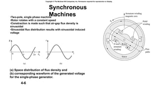 Copyright © The McGraw-Hill Companies, Inc. Permission required for reproduction or display.
4-6
(a) Space distribution of flux density and
(b) corresponding waveform of the generated voltage
for the single-phase generator.
Synchronous
Machines
•Two-pole, single phase machine
•Rotor rotates with a constant speed
•Constraction is made such that air-gap flux density is
sinusoidal
•Sinusoidal flux distribution results with sinusoidal induced
voltage
 