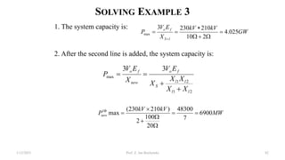 SOLVING EXAMPLE 3
1/12/2023 Prof. Z. Jan Bochynski 82
1. The system capacity is:
GW
kV
kV
X
E
V
P
l
S
f
o
025
.
4
2
10
210
230
3
max 







2. After the second line is added, the system capacity is:
2
1
2
1
max
3
3
l
l
l
l
S
f
o
new
f
o
X
X
X
X
X
E
V
X
E
V
P




MW
kV
kV
Pnew 6900
7
48300
20
100
2
)
210
230
(
max
1








 