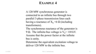 EXAMPLE 4
1/12/2023 Prof. Z. Jan Bochynski 86
A 120 MW synchronous generator is
connected to an infinite bus through two
parallel 3-phase transmission lines each
having a reactance of XS =6 Ω (including
transformers).
The synchronous reactance of the generator is
9 Ω. The infinite-bus voltage is Vll= 110 kV.
Assume that the power factor at the infinite
bus is unity.
Determine the equivalent excitation voltage to
deliver 120 MW to the infinite bus.
 