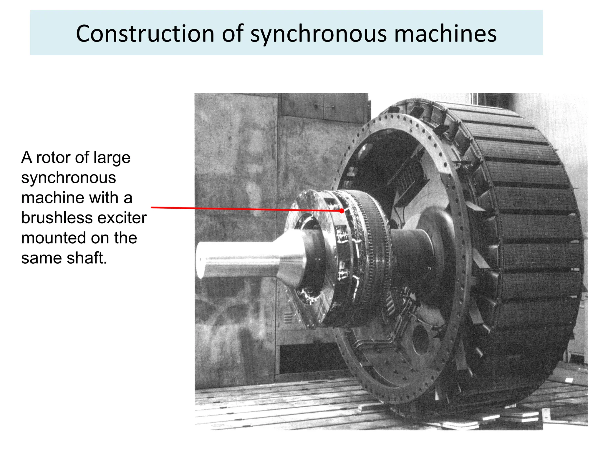 Construction of synchronous machines
A rotor of large
synchronous
machine with a
brushless exciter
mounted on the
same shaft.
 