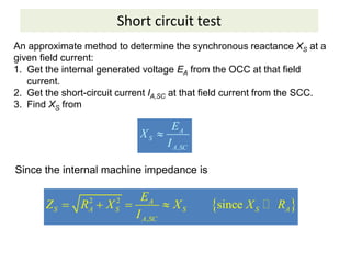 Short circuit test
An approximate method to determine the synchronous reactance XS at a
given field current:
1. Get the internal generated voltage EA from the OCC at that field
current.
2. Get the short-circuit current IA,SC at that field current from the SCC.
3. Find XS from
,
A
S
A SC
E
X
I

Since the internal machine impedance is
 
2 2
,
since
A
S A S S S A
A SC
E
Z R X X X R
I
     
 