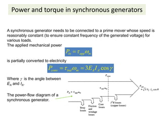 Power and torque in synchronous generators
A synchronous generator needs to be connected to a prime mover whose speed is
reasonably constant (to ensure constant frequency of the generated voltage) for
various loads.
The applied mechanical power
in app m
P  

is partially converted to electricity
3 cos
conv ind m A A
P E I
  
 
Where  is the angle between
EA and IA.
The power-flow diagram of a
synchronous generator.
 