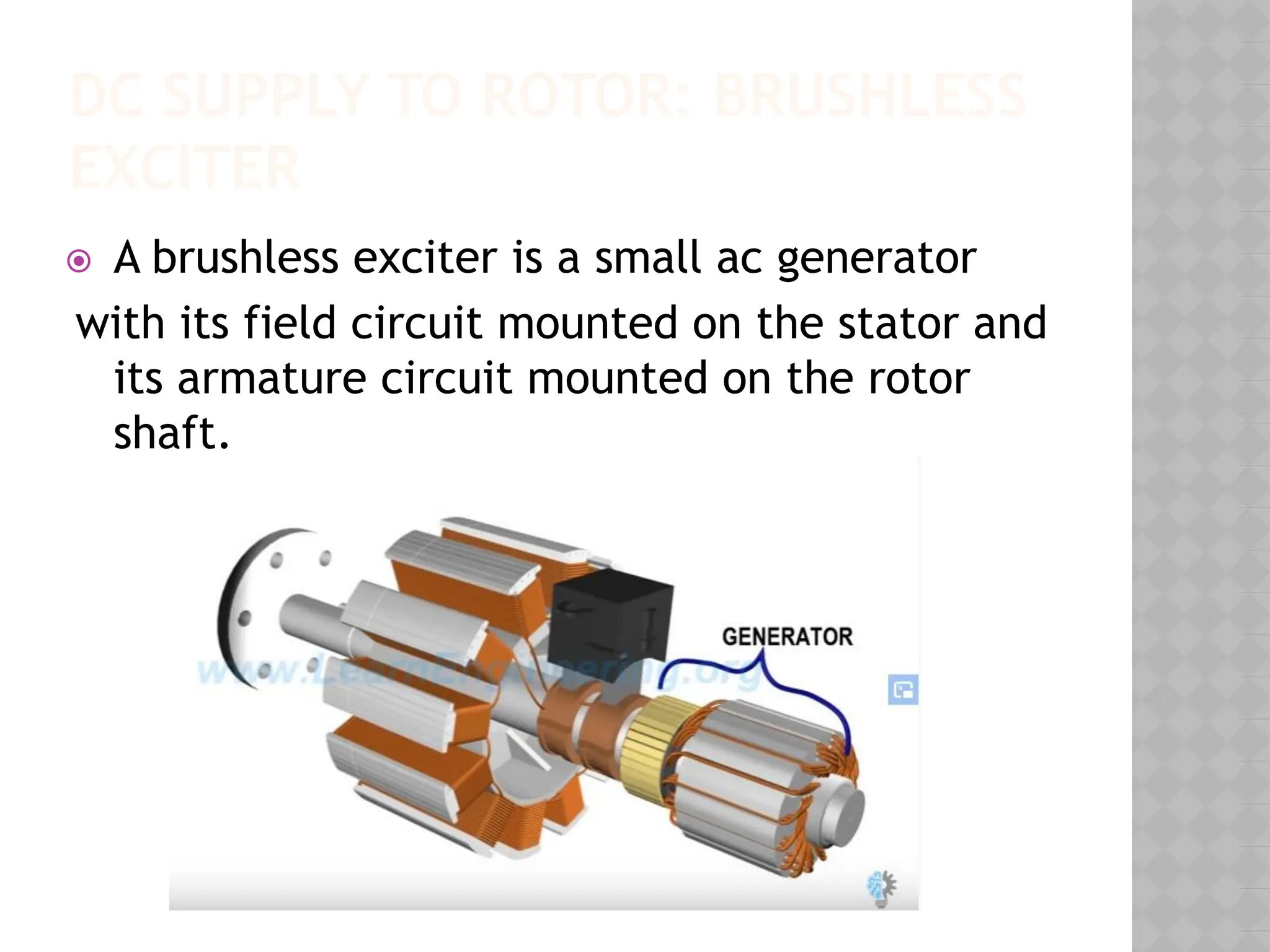 DC SUPPLY TO ROTOR: BRUSHLESS
EXCITER
⦿ A brushless exciter is a small ac generator
with its field circuit mounted on the stator and
its armature circuit mounted on the rotor
shaft.
 
