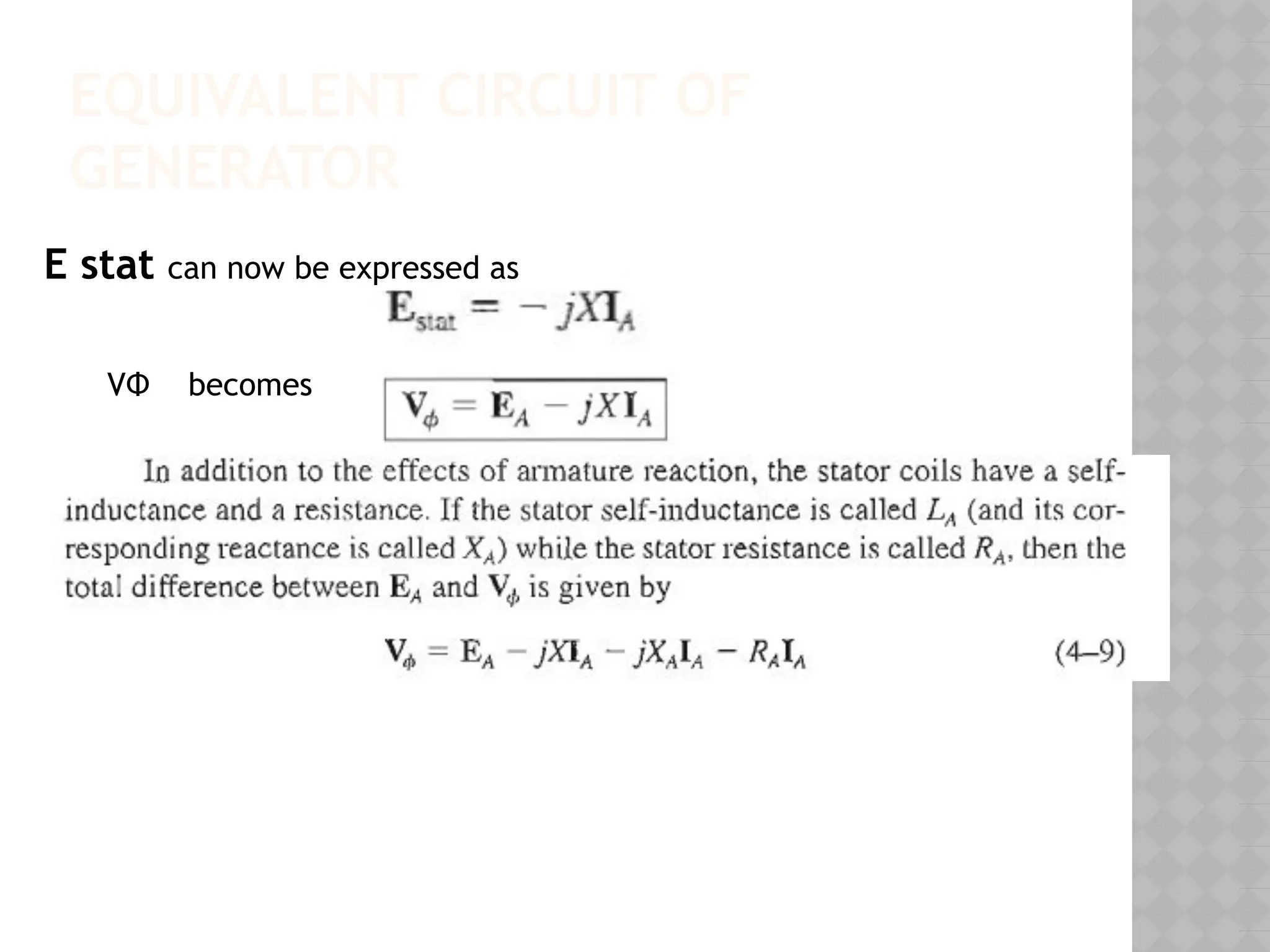 EQUIVALENT CIRCUIT OF
GENERATOR
E stat can now be expressed as
VΦ becomes
 