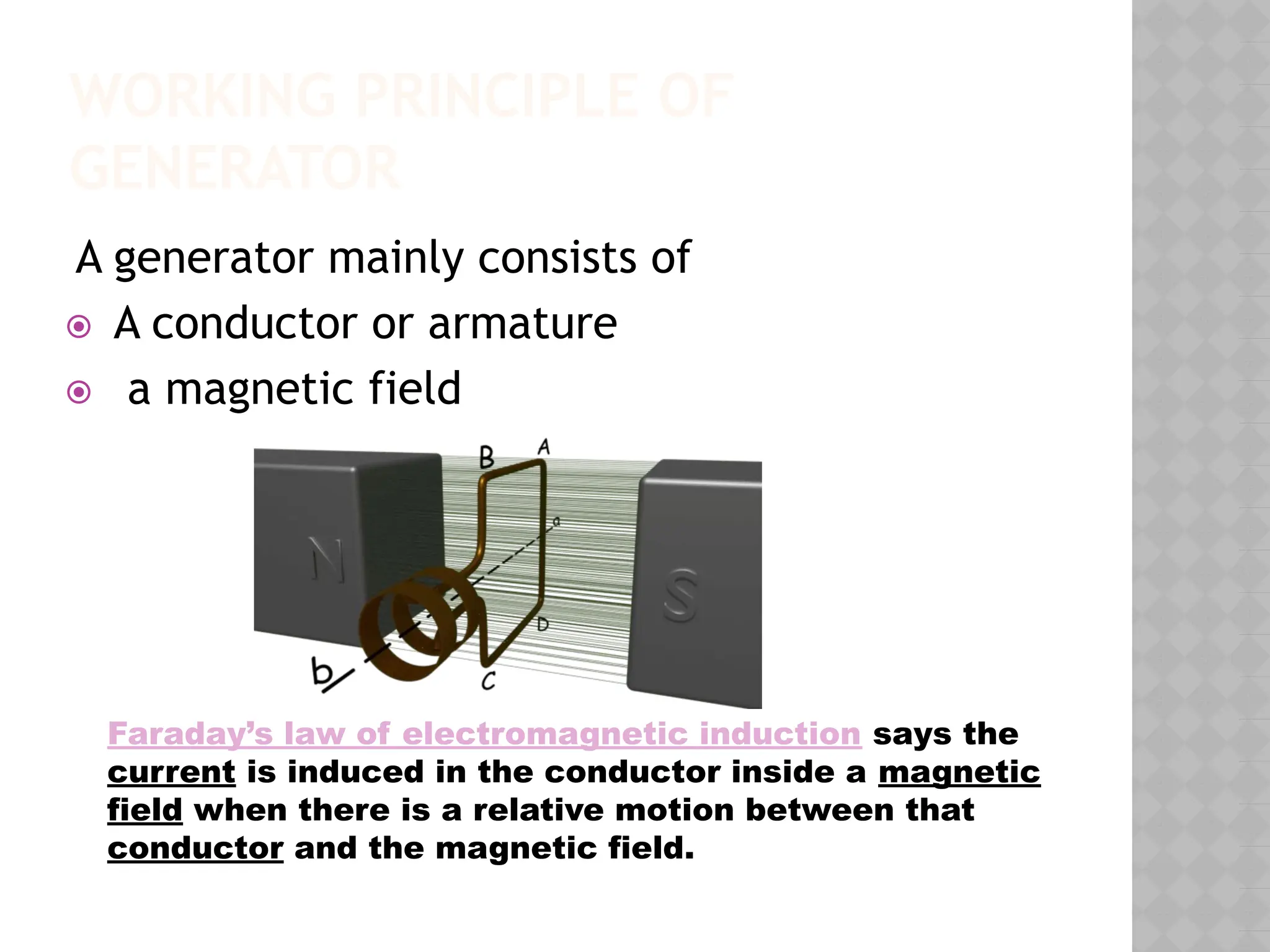WORKING PRINCIPLE OF
GENERATOR
A generator mainly consists of
⦿ A conductor or armature
⦿ a magnetic field
Faraday’s law of electromagnetic induction says the
current is induced in the conductor inside a magnetic
field when there is a relative motion between that
conductor and the magnetic field.
 