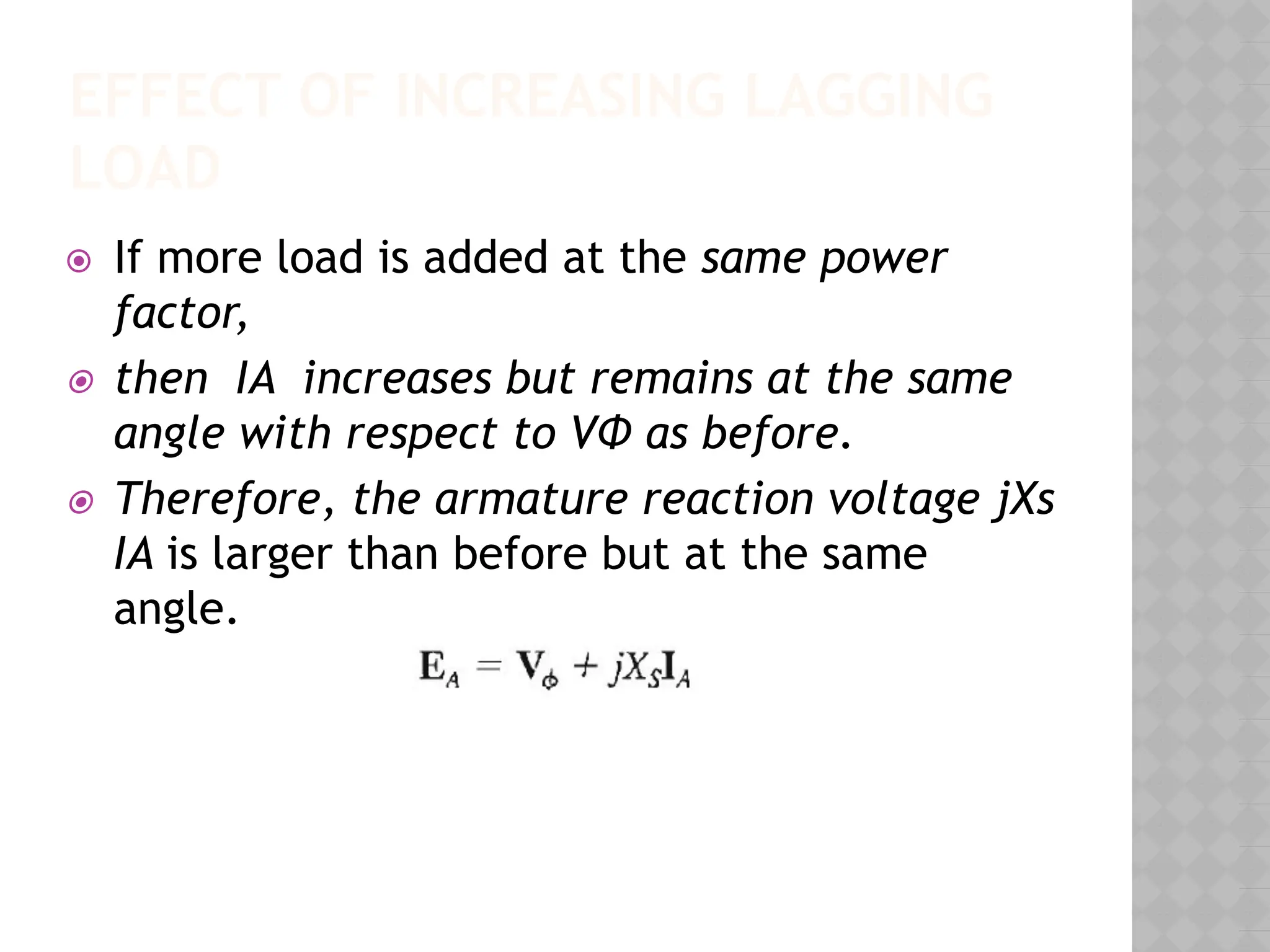 EFFECT OF INCREASING LAGGING
LOAD
⦿ If more load is added at the same power
factor,
⦿ then IA increases but remains at the same
angle with respect to VΦ as before.
⦿ Therefore, the armature reaction voltage jXs
IA is larger than before but at the same
angle.
 