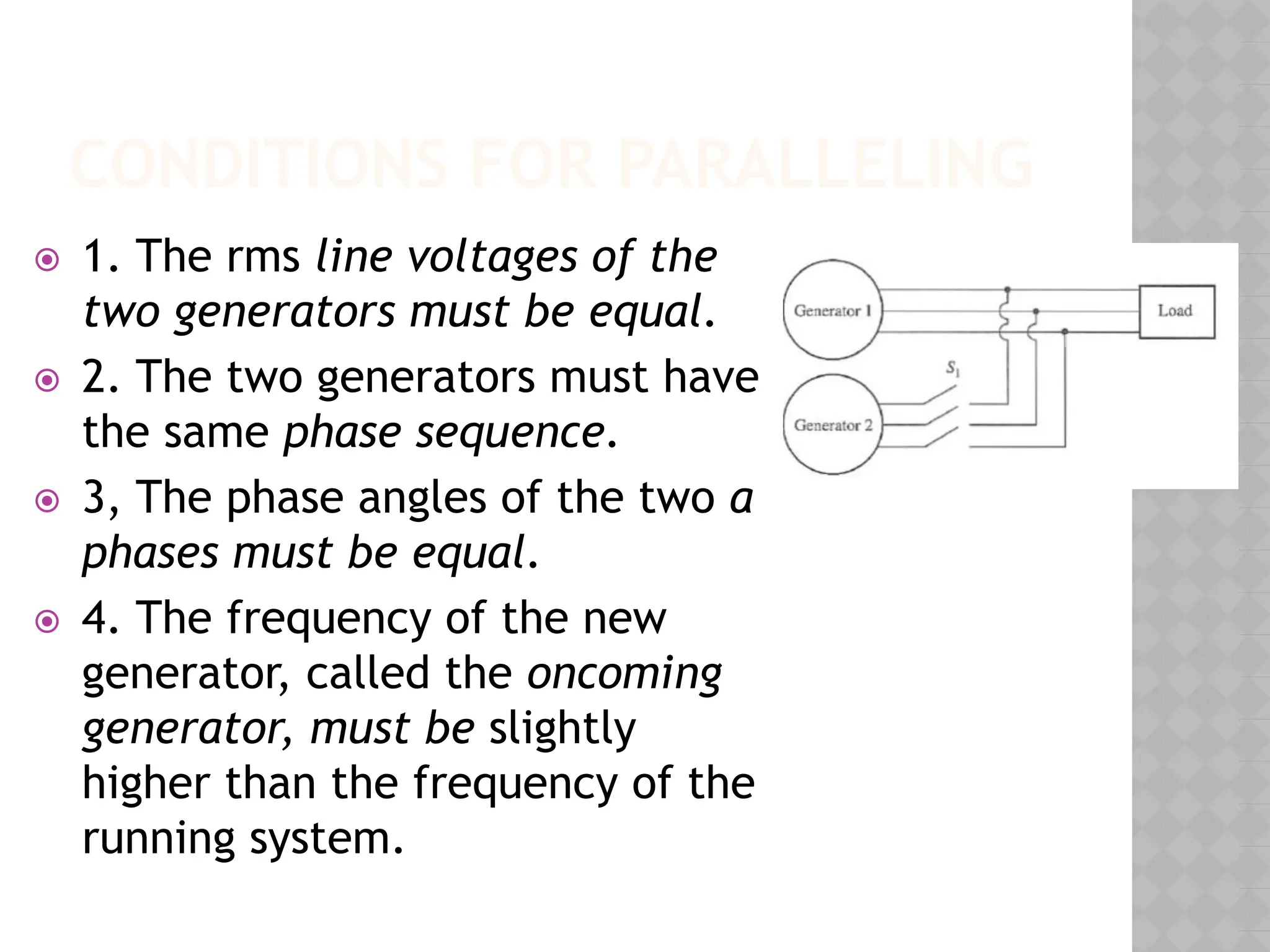 CONDITIONS FOR PARALLELING
⦿ 1. The rms line voltages of the
two generators must be equal.
⦿ 2. The two generators must have
the same phase sequence.
⦿ 3, The phase angles of the two a
phases must be equal.
⦿ 4. The frequency of the new
generator, called the oncoming
generator, must be slightly
higher than the frequency of the
running system.
 