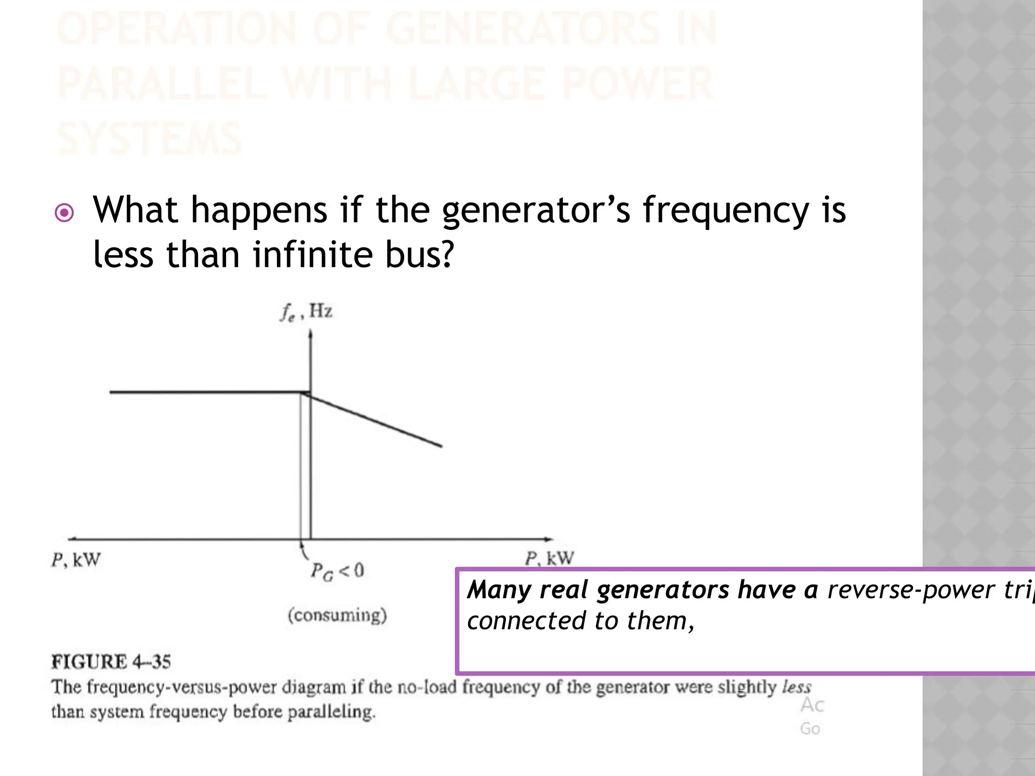 OPERATION OF GENERATORS IN
PARALLEL WITH LARGE POWER
SYSTEMS
⦿ What happens if the generator’s frequency is
less than infinite bus?
Many real generators have a reverse-power trip
connected to them,
 
