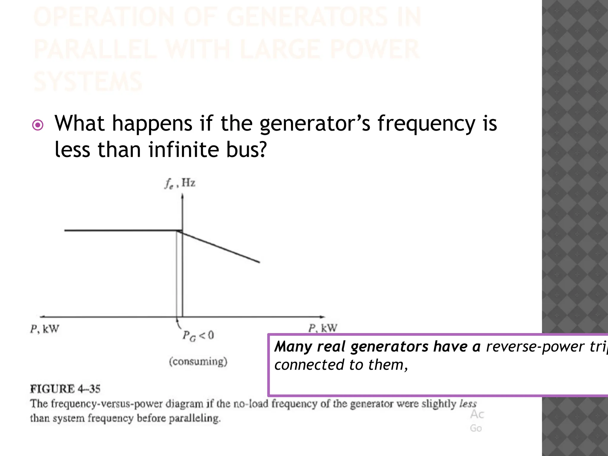 OPERATION OF GENERATORS IN
PARALLEL WITH LARGE POWER
SYSTEMS
⦿ What happens if the generator’s frequency is
less than infinite bus?
Many real generators have a reverse-power trip
connected to them,
 