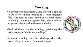 Working
•In a synchronous generator, a DC current is applied
to the rotor winding producing a rotor magnetic
field. The rotor is then turned by external means
producing a rotating magnetic field, which induces
a 3-phase voltage within the stator winding.
•Field windings are the windings producing the
main magnetic field (rotor windings)
•armature windings are the windings where the
main voltage is induced (stator windings)
 