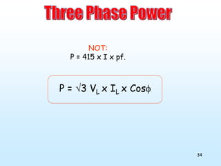 34
P = √3 VL x IL x Cosφ
NOT:
P = 415 x I x pf.
 