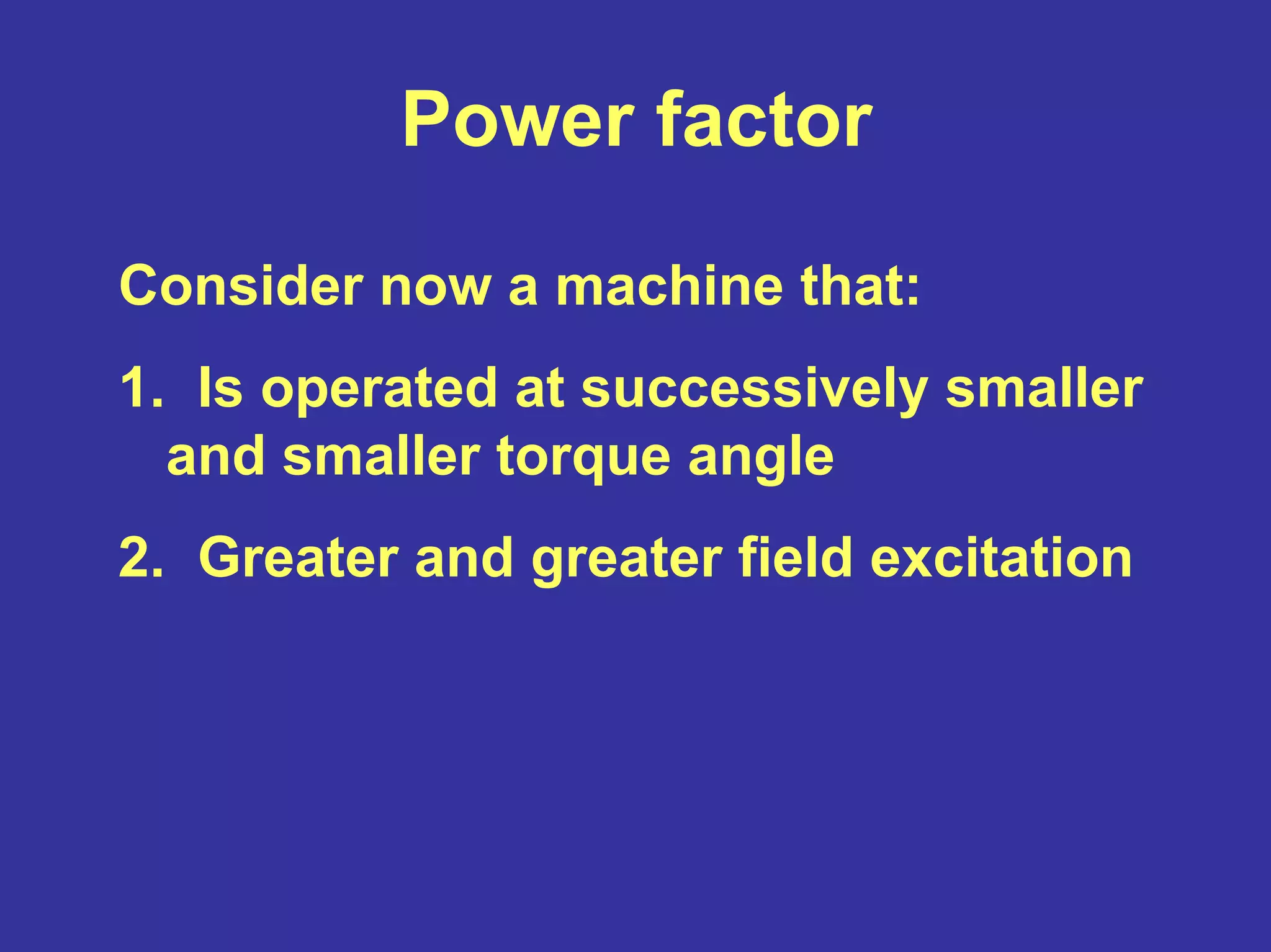 Power factor
Consider now a machine that:
1. Is operated at successively smaller
and smaller torque angle
2. Greater and greater field excitation
 