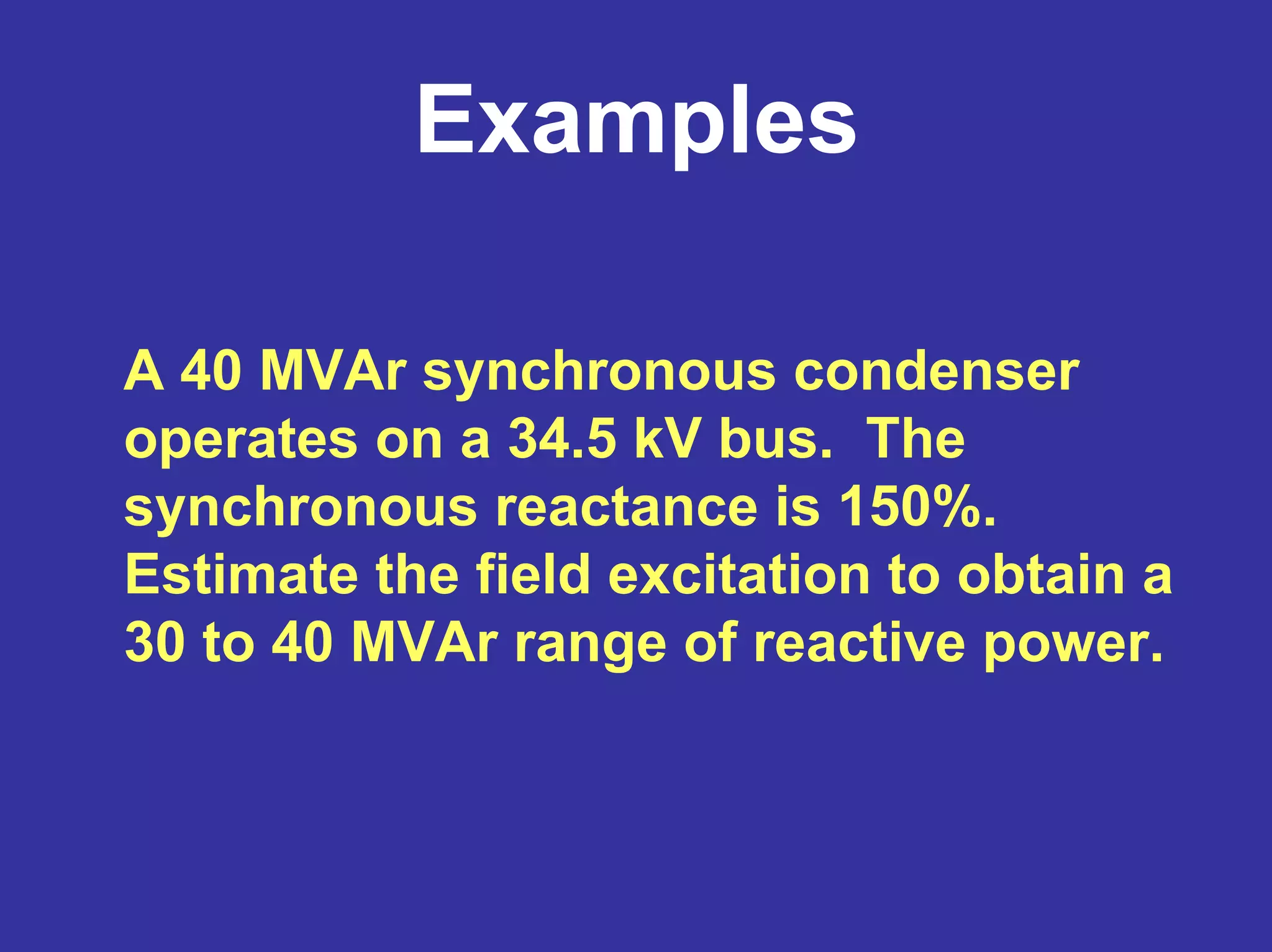 Examples
A 40 MVAr synchronous condenser
operates on a 34.5 kV bus. The
synchronous reactance is 150%.
Estimate the field excitation to obtain a
30 to 40 MVAr range of reactive power.
 