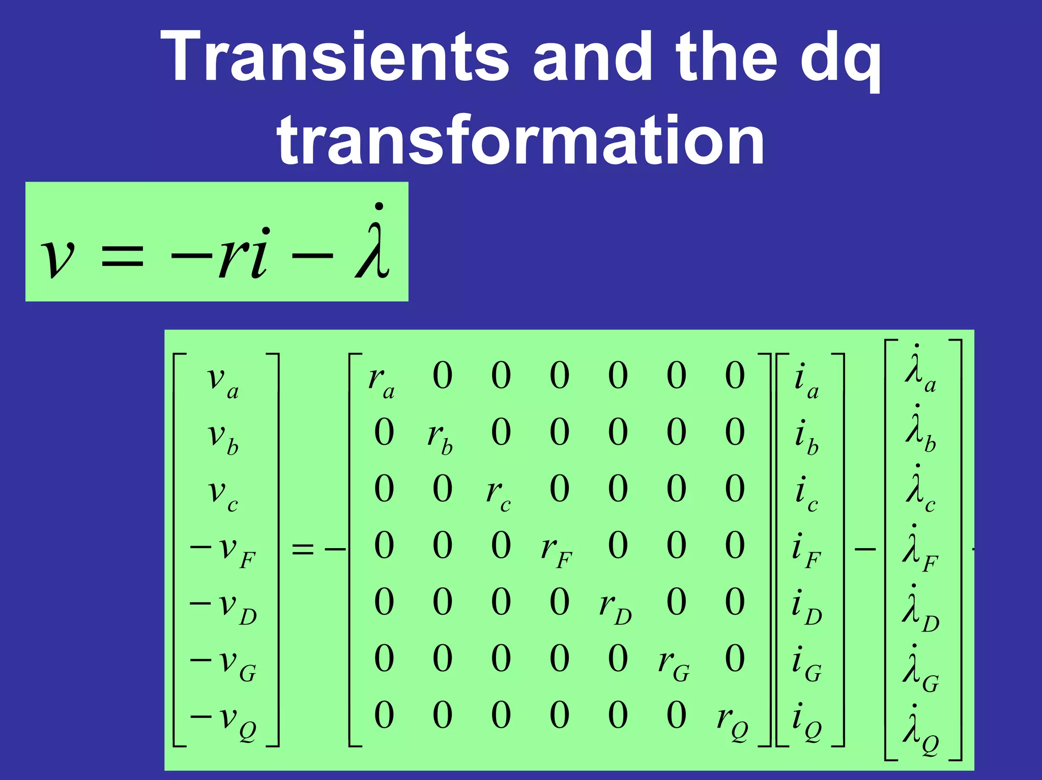 Transients and the dq
transformation
λriv −−=
+−−=
−
−
−
−
000000
000000
000000
000000
000000
000000
000000
Q
G
D
F
c
b
a
Q
G
D
F
c
b
a
Q
G
D
F
c
b
a
Q
G
D
F
c
b
a
λ
λ
λ
λ
λ
λ
λ
i
i
i
i
i
i
i
r
r
r
r
r
r
r
v
v
v
v
v
v
v
 