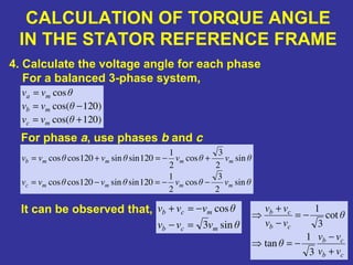 CALCULATION OF TORQUE ANGLE
IN THE STATOR REFERENCE FRAME
4. Calculate the voltage angle for each phase
For a balanced 3-phase system,
)120cos(
)120cos(
cos
+=
−=
=
θvv
θvv
θvv
mc
mb
ma
For phase a, use phases b and c
θvθvθvθvv
θvθvθvθvv
mmmmc
mmmmb
sin
2
3
cos
2
1
120sinsin120coscos
sin
2
3
cos
2
1
120sinsin120coscos
−−=−=
+−=+=
It can be observed that,
θvvv
θvvv
mcb
mcb
sin3
cos
=−
−=+
cb
cb
cb
cb
vv
vv
θ
θ
vv
vv
+
−
−=⇒
−=
−
+
⇒
3
1
tan
cot
3
1
 