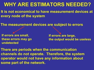 WHY ARE ESTIMATORS NEEDED?
It is not economical to have measurement devices at
every node of the system
If errors are small,
these errors may go
undetected
The measurement devices are subject to errors
If errors are large,
the output would be useless
There are periods when the communication
channels do not operate. Therefore, the system
operator would not have any information about
some part of the network.
 
