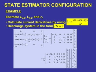 STATE ESTIMATOR CONFIGURATION
EXAMPLE
Estimate LAD, LAQ, and rF
t
titti
ti
∆
−∆+
≈
)()(
)(
−
−
−
−−
+
−
−
+
−=
′+′+′
′+′+′++−
++′+′+′
Q
G
D
F
q
d
Q
G
D
F
q
d
F
q
d
n
B
Q
G
D
F
q
d
d
q
n
F
AQ
AD
FDFd
B
QGq
B
DFd
QGqDFd
B
V
V
V
V
V
V
V
i
i
i
i
i
i
i
LL
ω
i
i
i
i
i
i
i
rω
ωr
rr
r
L
L
iiii
ω
iii
ω
iiiω
iiiωiii
ω
00
0
0
000000
000000
000000
0000003
1
0000000
00000
00000
0000003
0)(
1
0)(
1
)(
0)()(
1
000
• Calculate current derivatives by using
• Rearrange system in the form zHx =
 