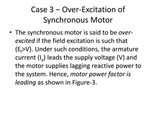 Case 3 − Over-Excitation of
Synchronous Motor
• The synchronous motor is said to be over-
excited if the field excitation is such that
(Ef>V). Under such conditions, the armature
current (Ia) leads the supply voltage (V) and
the motor supplies lagging reactive power to
the system. Hence, motor power factor is
leading as shown in Figure-3.
 