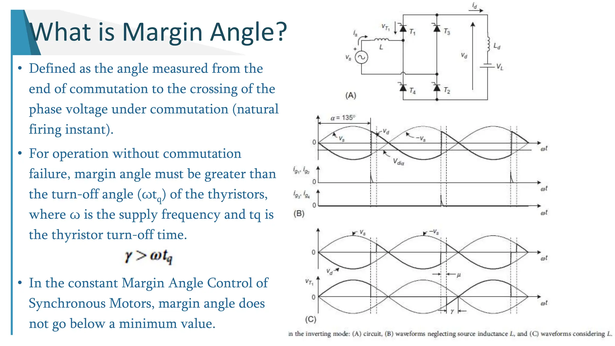 What is Margin Angle?
• Defined as the angle measured from the
end of commutation to the crossing of the
phase voltage under commutation (natural
firing instant).
• For operation without commutation
failure, margin angle must be greater than
the turn-off angle (ωtq) of the thyristors,
where ω is the supply frequency and tq is
the thyristor turn-off time.
• In the constant Margin Angle Control of
Synchronous Motors, margin angle does
not go below a minimum value.
 