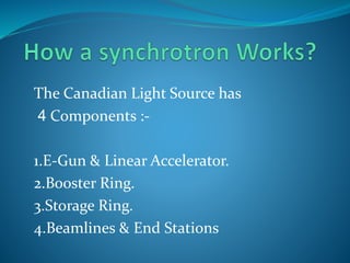 The Canadian Light Source has 
4 Components :- 
1.E-Gun & Linear Accelerator. 
2.Booster Ring. 
3.Storage Ring. 
4.Beamlines & End Stations 
 