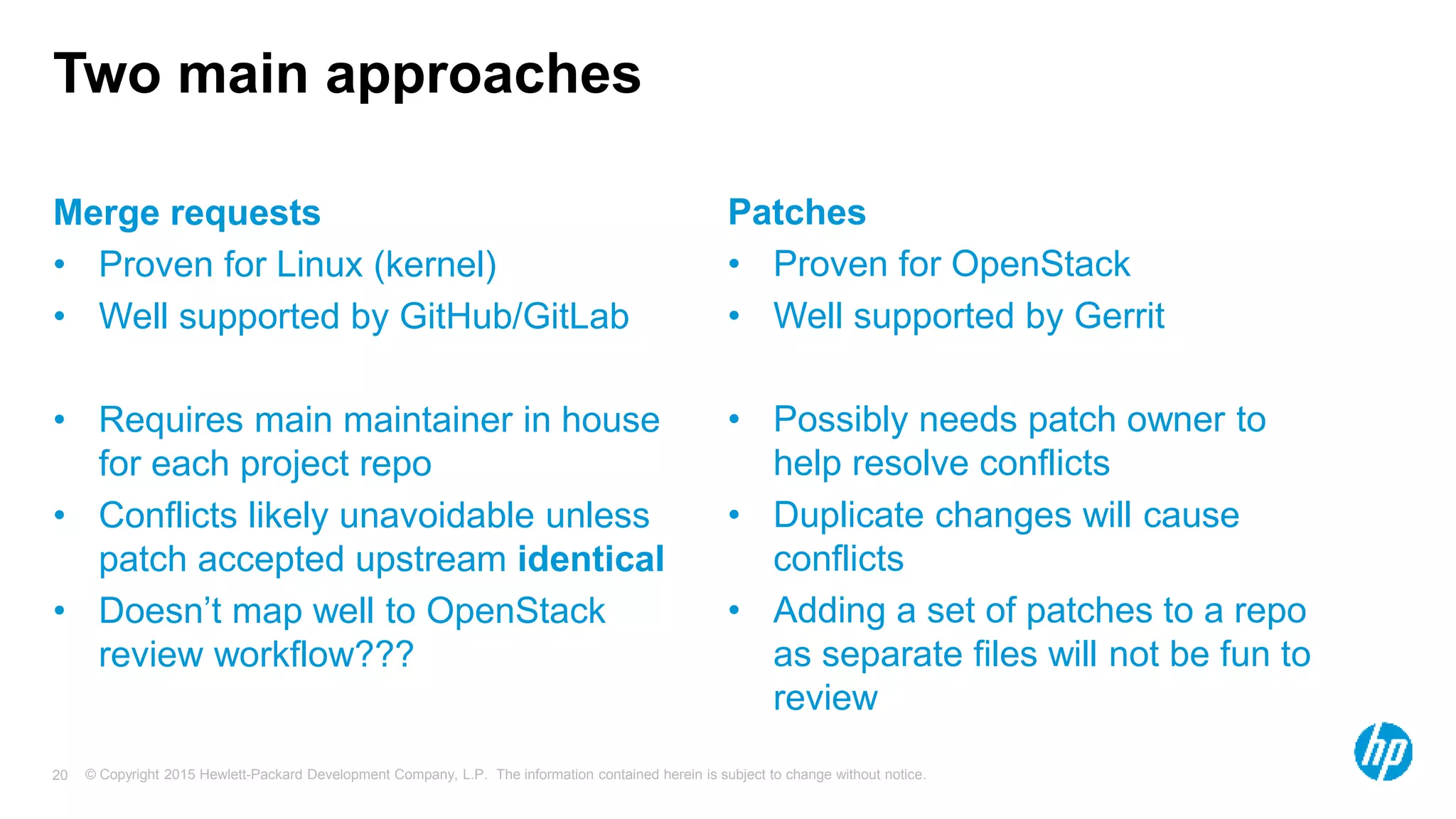 © Copyright 2015 Hewlett-Packard Development Company, L.P. The information contained herein is subject to change without notice.20
Two main approaches
Merge requests
• Proven for Linux (kernel)
• Well supported by GitHub/GitLab
• Requires main maintainer in house
for each project repo
• Conflicts likely unavoidable unless
patch accepted upstream identical
• Doesn’t map well to OpenStack
review workflow???
Patches
• Proven for OpenStack
• Well supported by Gerrit
• Possibly needs patch owner to
help resolve conflicts
• Duplicate changes will cause
conflicts
• Adding a set of patches to a repo
as separate files will not be fun to
review
 