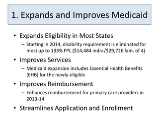 1. Expands and Improves Medicaid

• Expands Eligibility in Most States
  – Starting in 2014, disability requirement is eliminated for
    most up to 133% FPL ($14,484 indiv./$29,726 fam. of 4)
• Improves Services
  – Medicaid expansion includes Essential Health Benefits
    (EHB) for the newly-eligible
• Improves Reimbursement
  – Enhances reimbursement for primary care providers in
    2013-14
• Streamlines Application and Enrollment
 