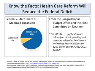 Know the Facts: Health Care Reform Will
         Reduce the Federal Deficit
Federal v. State Share of                                        From the Congressional
  Medicaid Expansion                                                Budget Office and the Joint
                                                                    Committee on Taxation:

                                                                 “The effects . . . [of health care
                                                                    reform] on direct spending and
                                                                    revenues related to health care
                                                                    will reduce federal deficits by
                                                                    $210 billion over the 2012-2021
                                                                    period.”



 Sources: Center on Budget Policies and Priorities, Hatch-Upton Report on Costs to States of Expanding Medicaid Relies on
 Seriously Flawed Estimates (2011), http://www.cbpp.org/files/3-16-11health.pdf.
 Congressional Budget Office , CBO’s Analysis of the Major Health Care Legislation Enacted in March 2010, (March 2011),
 http://www.cbo.gov/ftpdocs/121xx/doc12119/03-30-HealthCareLegislation.pdf
 