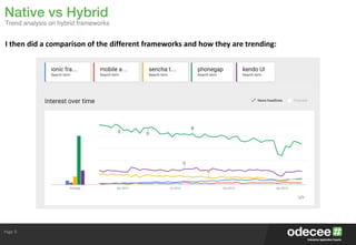 Page 5
I	
  then	
  did	
  a	
  comparison	
  of	
  the	
  different	
  frameworks	
  and	
  how	
  they	
  are	
  trending:
Native vs Hybrid
Trend analysis on hybrid frameworks
 