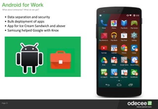 Page
Android for Work
What about enterprise? What do we get?
5
• Data	
  separation	
  and	
  security	
  
• Bulk	
  deployment	
  of	
  apps	
  
• App	
  for	
  Ice	
  Cream	
  Sandwich	
  and	
  above	
  
• Samsung	
  helped	
  Google	
  with	
  Knox
 
