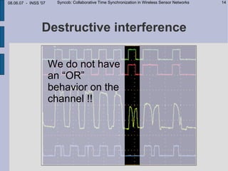 08.06.07 - INSS '07    Syncob: Collaborative Time Synchronization in Wireless Sensor Networks   14




                 Destructive interference

                      We do not have
                      an “OR”
                      behavior on the
                      channel !!
 